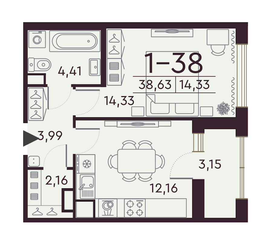 1-комнатная квартира 38.63 м², 8/8 эт., ЖК «Familia»
