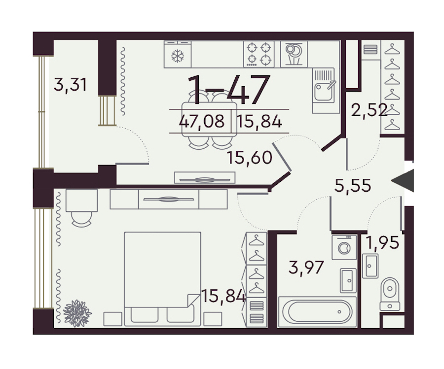 1-комнатная квартира 47.08 м², 8/8 эт., ЖК «Familia»