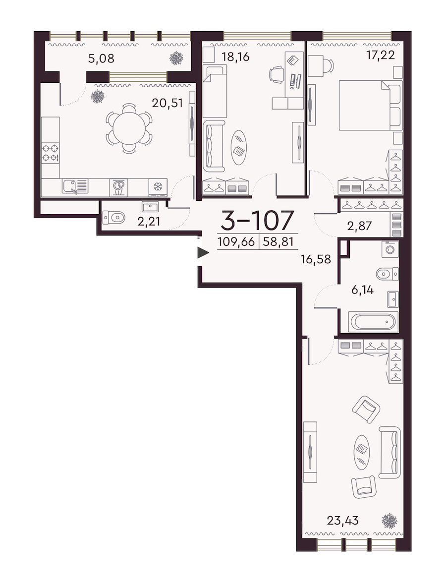3-комнатная квартира 109.66 м², 8/8 эт., ЖК «Familia»