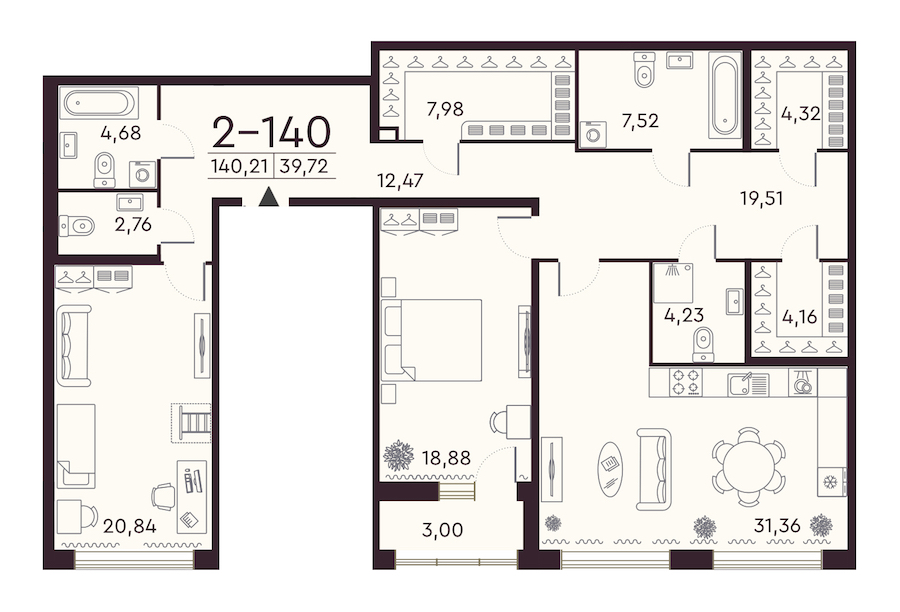 2-комнатная квартира 140.21 м², 1/8 эт., ЖК «Familia»