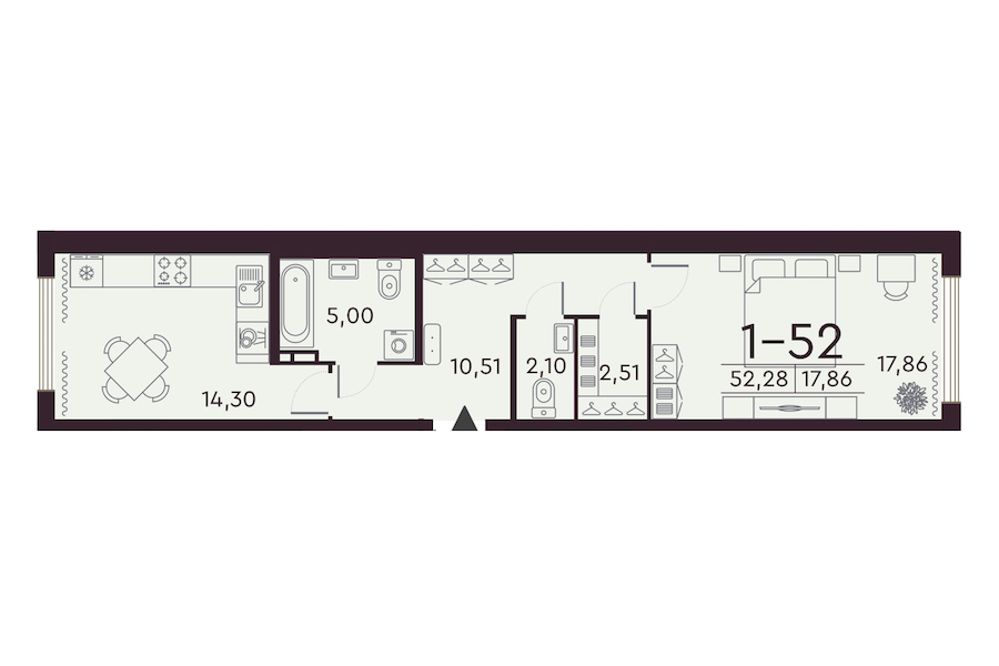 1-комнатная квартира 52.28 м², 2/8 эт., ЖК «Familia»