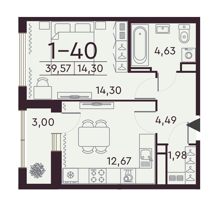 1-комнатная квартира 39.57 м², 7/8 эт., ЖК «Familia»