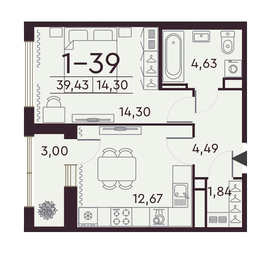 1-комнатная квартира 39.43 м², 8/8 эт., ЖК «Familia»