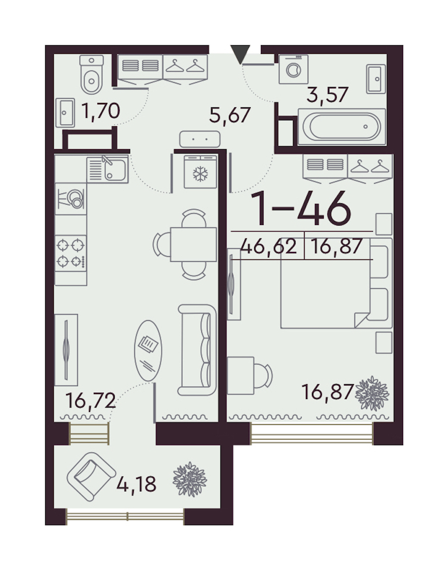 1-комнатная квартира 46.5 м², 6/8 эт., ЖК «Familia»