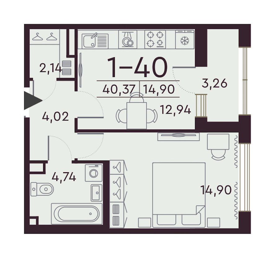 1-комнатная квартира 40.18 м², 6/8 эт., ЖК «Familia»