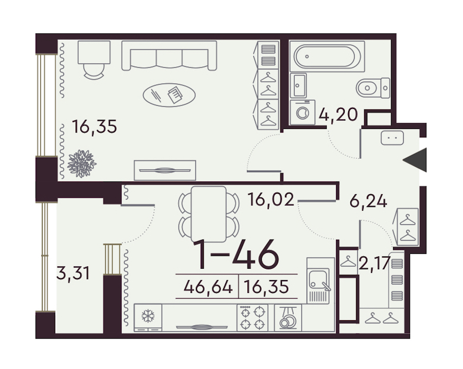 1-комнатная квартира 46.54 м², 6/8 эт., ЖК «Familia»