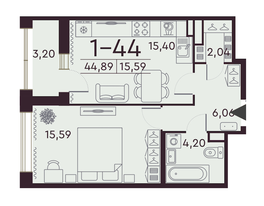 1-комнатная квартира 44.78 м², 6/8 эт., ЖК «Familia»