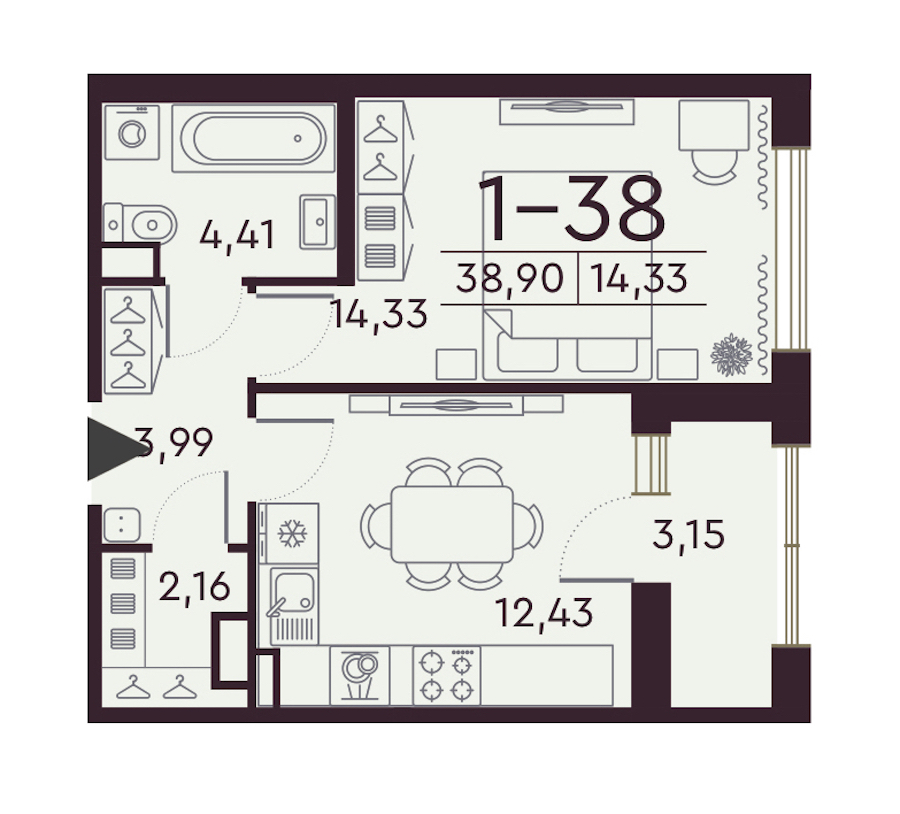 1-комнатная квартира 38.78 м², 6/8 эт., ЖК «Familia»