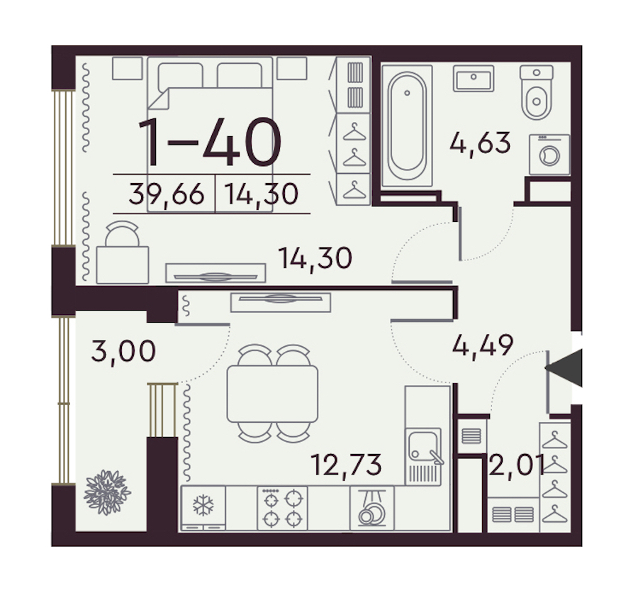 1-комнатная квартира 39.66 м², 5/8 эт., ЖК «Familia»