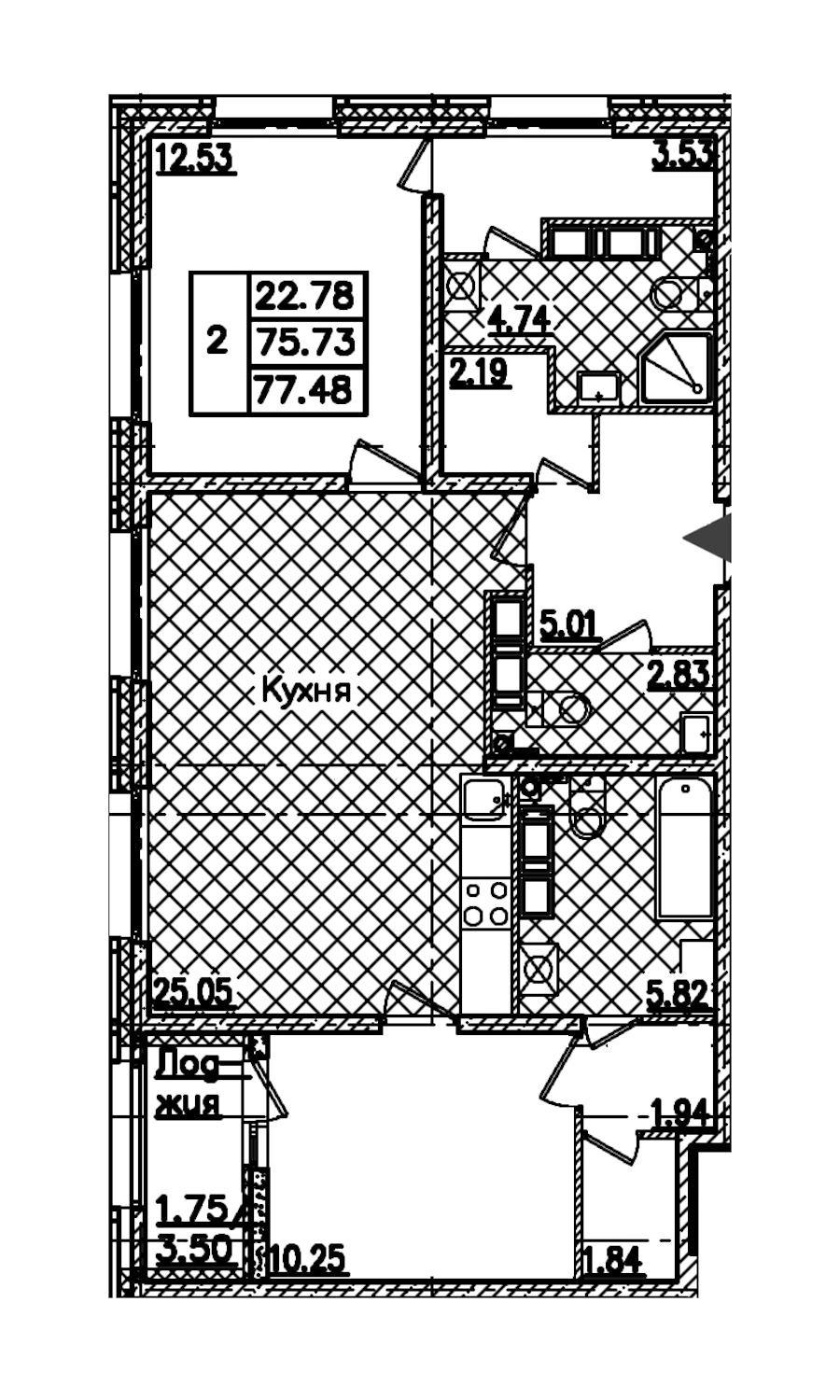 2-комнатная квартира 77.48 м², 21/22 эт., ЖК «БелАрт»