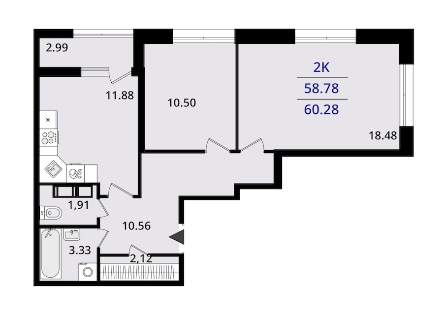2-комнатная квартира 60.28 м², 19/22 эт., ЖК «БелАрт»