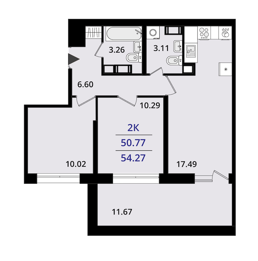 2-комнатная квартира 54.27 м², 16/22 эт., ЖК «БелАрт»