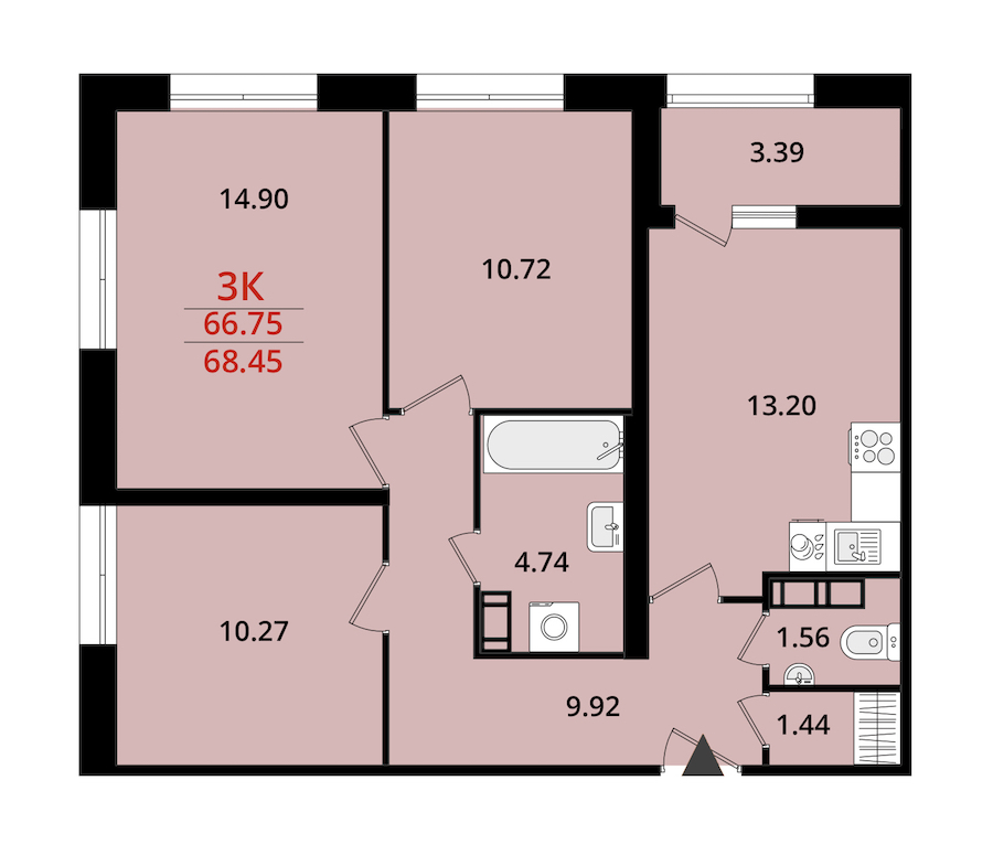 3-комнатная квартира 68.45 м², 16/22 эт., ЖК «БелАрт»