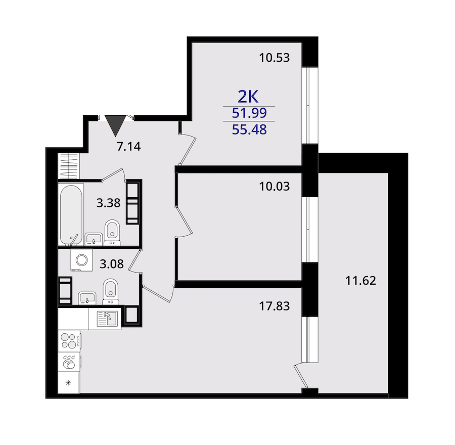 2-комнатная квартира 55.48 м², 16/22 эт., ЖК «БелАрт»