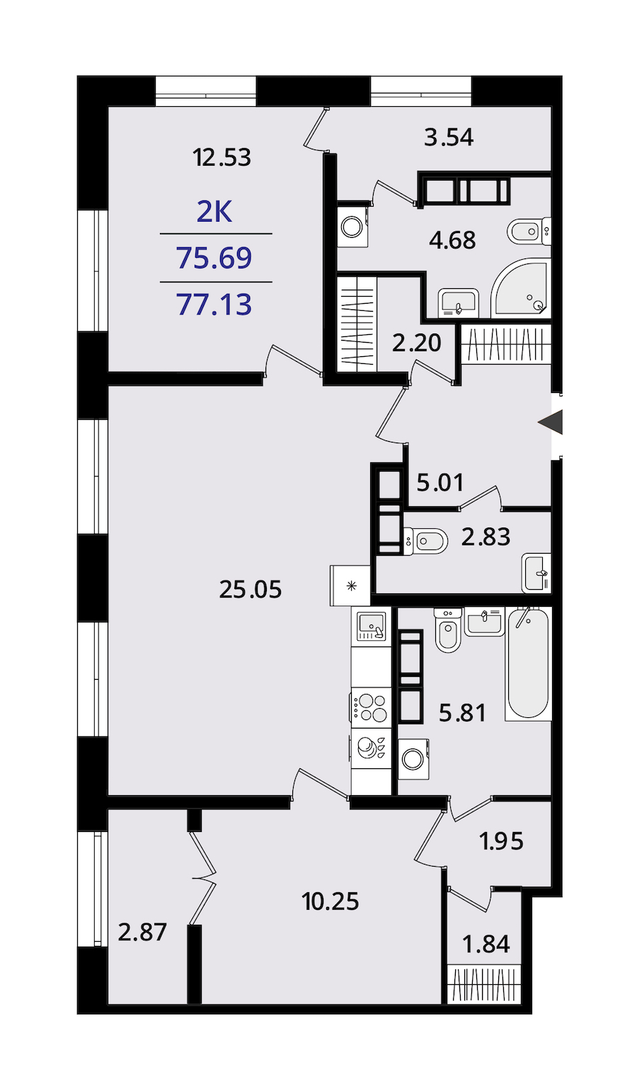 2-комнатная квартира 77.13 м², 20/22 эт., ЖК «БелАрт»