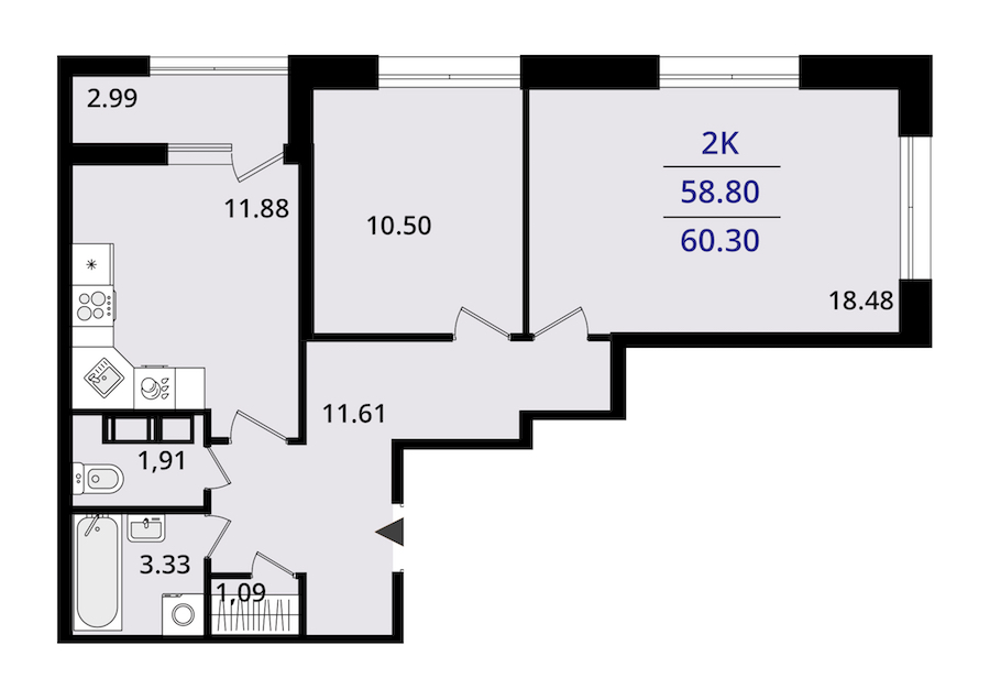 2-комнатная квартира 60.3 м², 20/22 эт., ЖК «БелАрт»