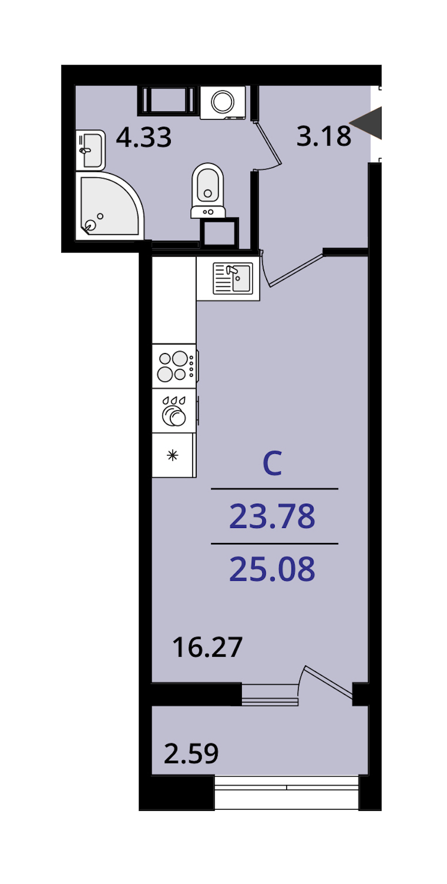 Квартира студия 25.08 м², 13/22 эт., ЖК «БелАрт»