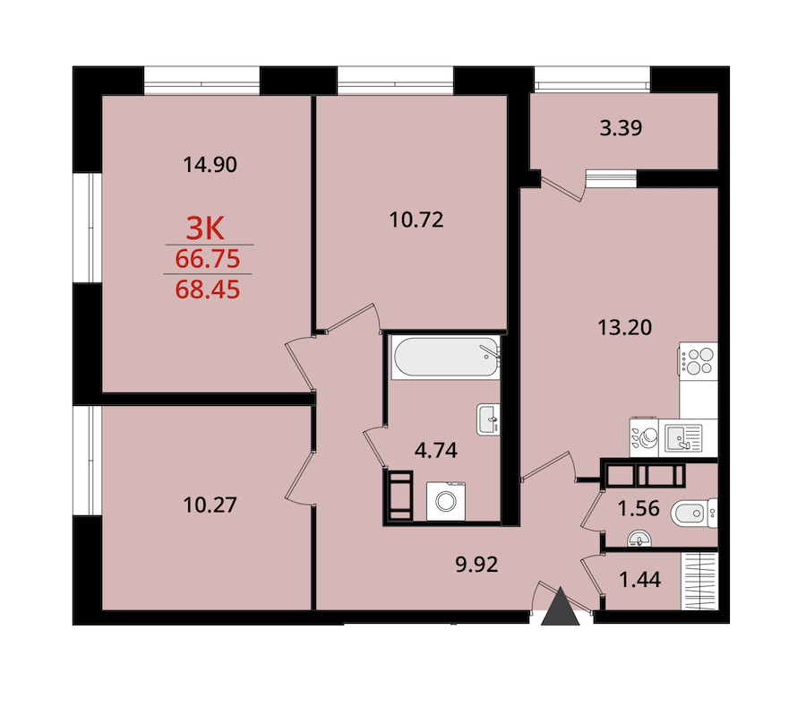3-комнатная квартира 68.45 м², 15/22 эт., ЖК «БелАрт»