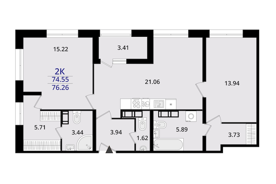 2-комнатная квартира 76.26 м², 22/22 эт., ЖК «БелАрт»