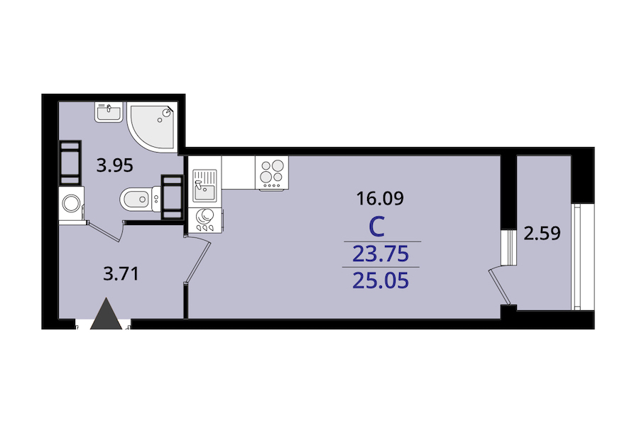 Квартира студия 25.05 м², 15/22 эт., ЖК «БелАрт»