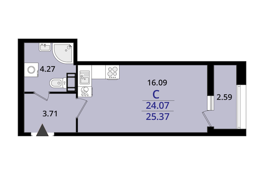 Квартира студия 25.37 м², 7/22 эт., ЖК «БелАрт»