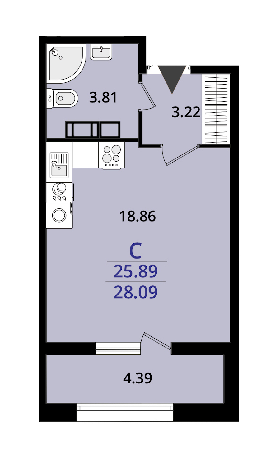 Квартира студия 28.09 м², 12/22 эт., ЖК «БелАрт»