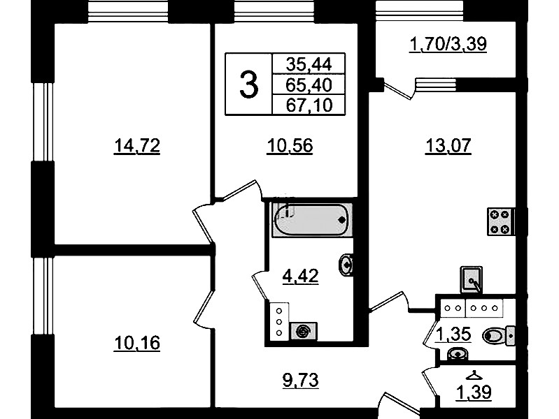 3-комнатная квартира 67.1 м², 17/23 эт., ЖК «БелАрт»
