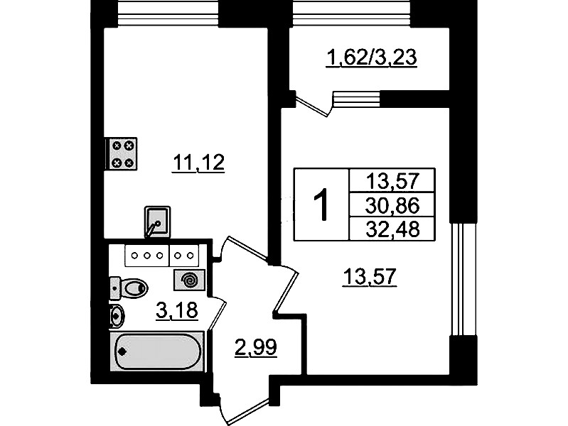 1-комнатная квартира 32.48 м², 17/23 эт., ЖК «БелАрт»