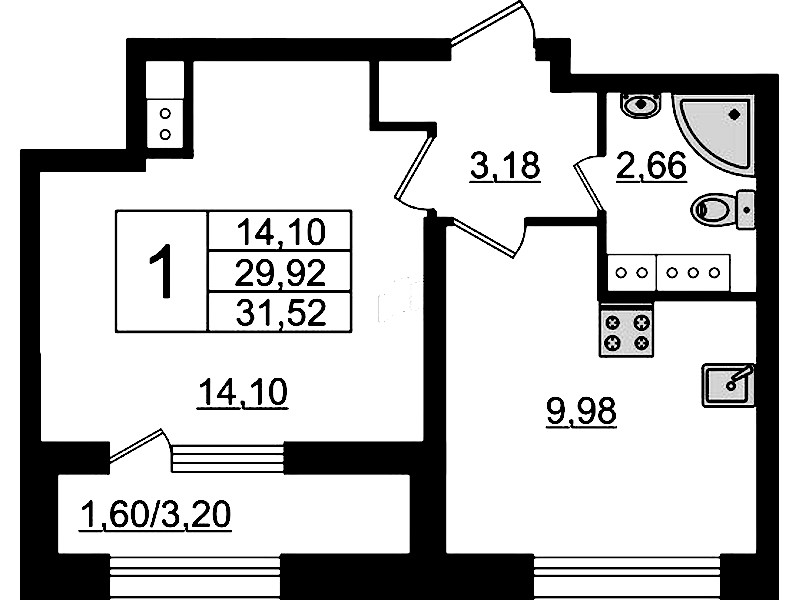 1-комнатная квартира 31.52 м², 23/23 эт., ЖК «БелАрт»