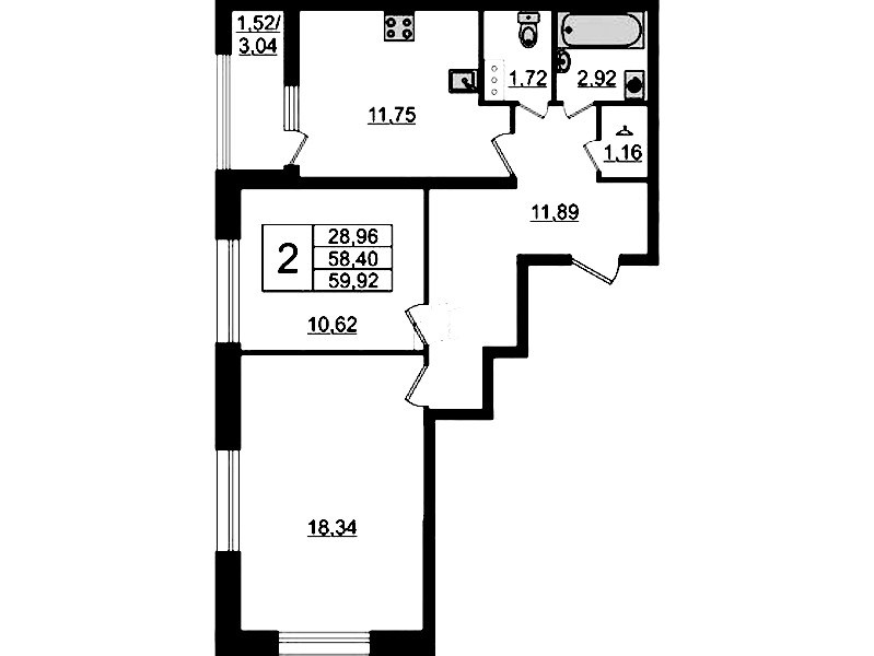 2-комнатная квартира 59.92 м², 7/23 эт., ЖК «БелАрт»