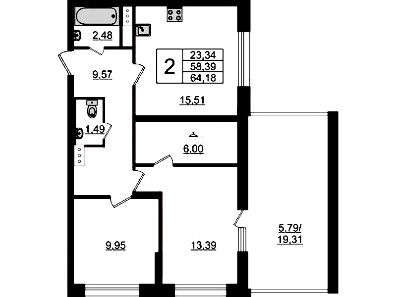 2-комнатная квартира 64.18 м², 10/23 эт., ЖК «БелАрт»