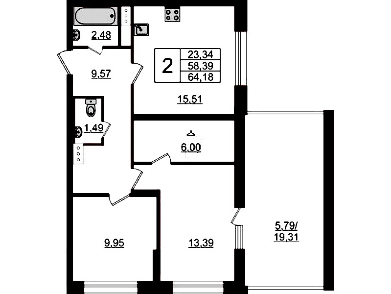 2-комнатная квартира 64.18 м², 11/23 эт., ЖК «БелАрт»