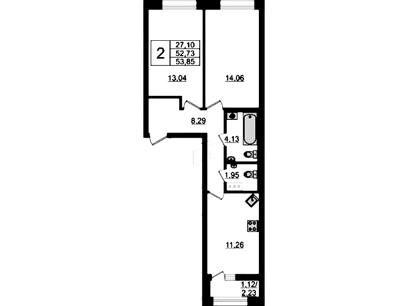 2-комнатная квартира 53.85 м², 11/13 эт., ЖК «БелАрт»