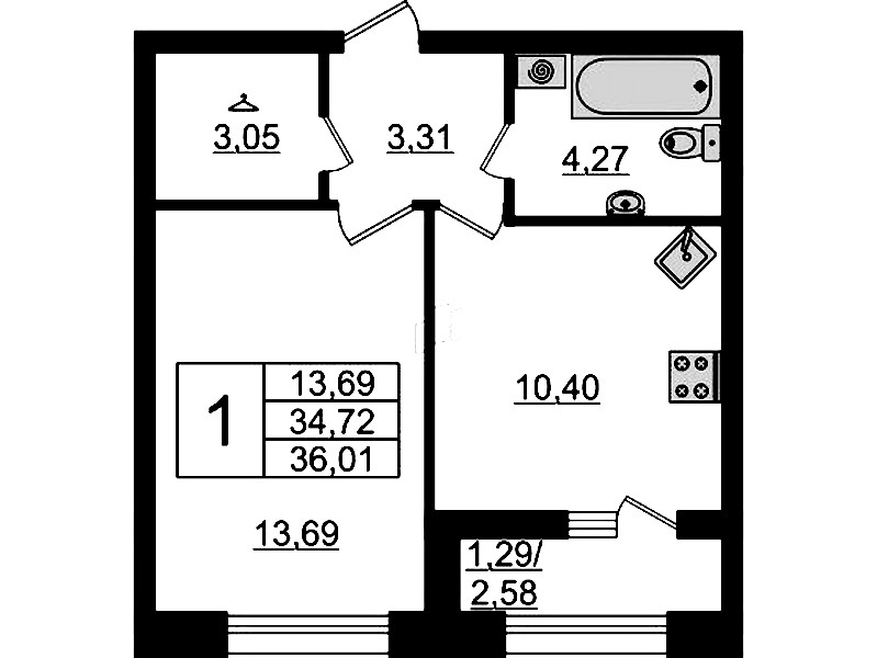 1-комнатная квартира 36.01 м², 2/14 эт., ЖК «БелАрт»