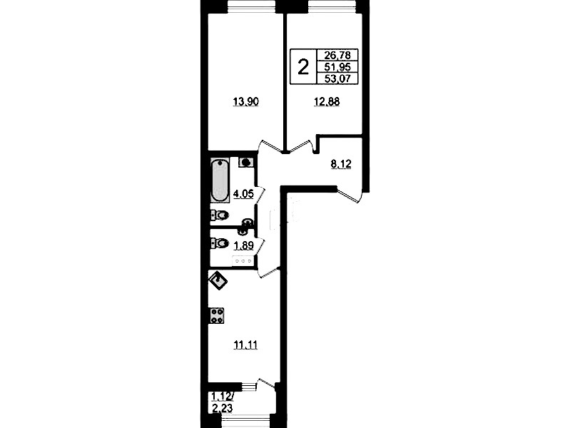 2-комнатная квартира 53.07 м², 11/14 эт., ЖК «БелАрт»