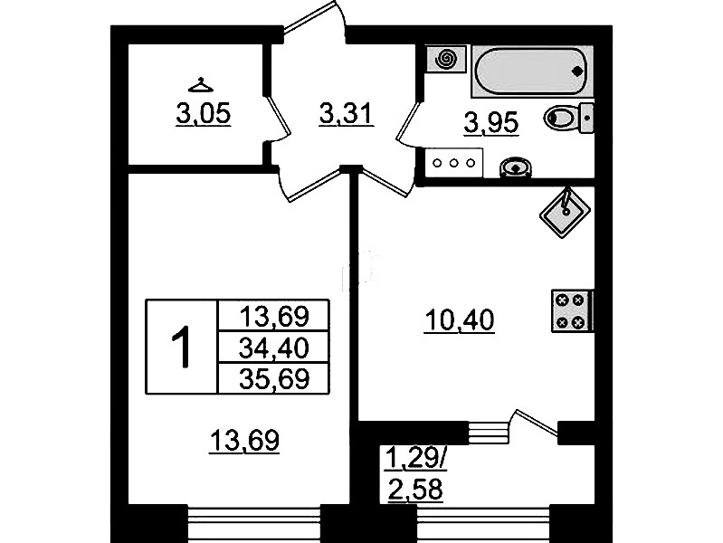 1-комнатная квартира 35.69 м², 12/14 эт., ЖК «БелАрт»