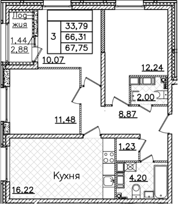 3-комнатная квартира 67.75 м², 12/22 эт., ЖК «БелАрт»