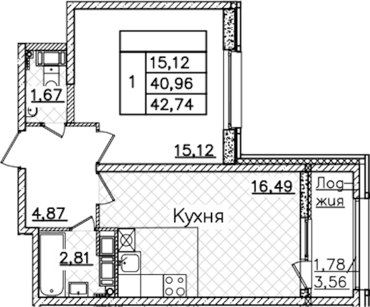 1-комнатная квартира 42.74 м², 13/22 эт., ЖК «БелАрт»