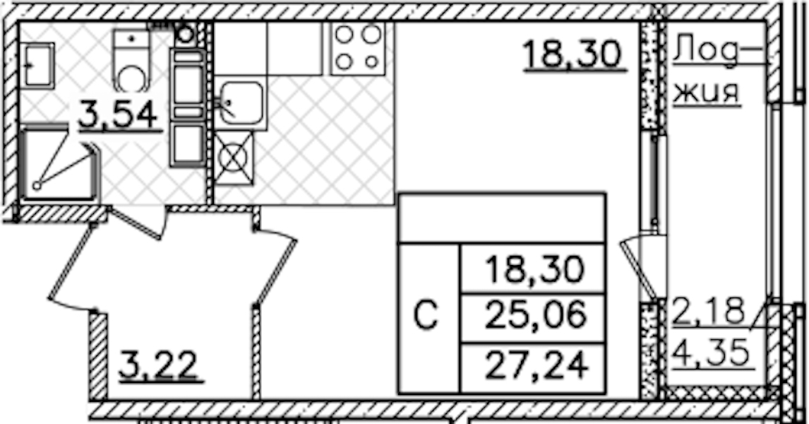 Квартира студия 27.24 м², 13/22 эт., ЖК «БелАрт»