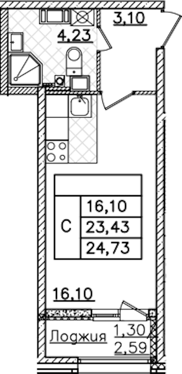 Квартира студия 24.73 м², 13/22 эт., ЖК «БелАрт»