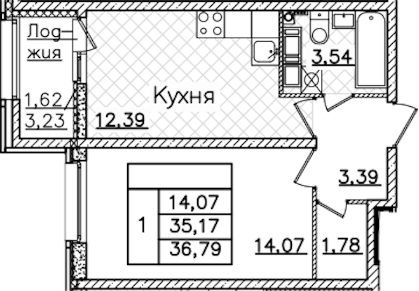 1-комнатная квартира 36.79 м², 13/22 эт., ЖК «БелАрт»