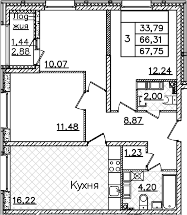 3-комнатная квартира 67.75 м², 16/22 эт., ЖК «БелАрт»