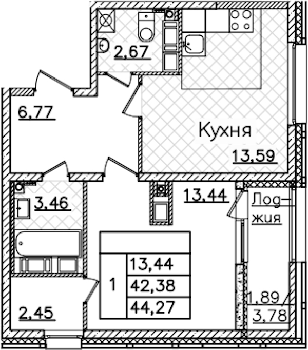 1-комнатная квартира 44.27 м², 17/22 эт., ЖК «БелАрт»