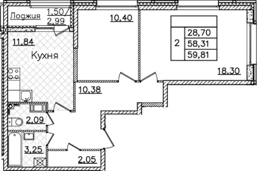 2-комнатная квартира 59.81 м², 3/22 эт., ЖК «БелАрт»