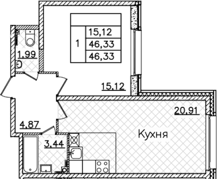 1-комнатная квартира 46.33 м², 3/22 эт., ЖК «БелАрт»