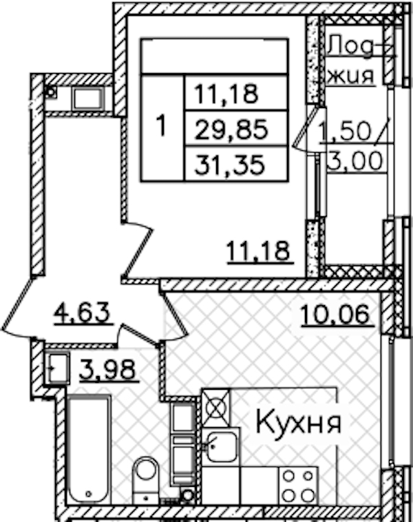 1-комнатная квартира 31.35 м², 19/22 эт., ЖК «БелАрт»