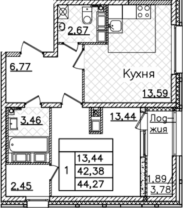 1-комнатная квартира 44.27 м², 19/22 эт., ЖК «БелАрт»