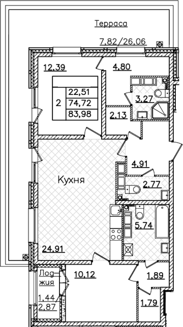 2-комнатная квартира 83.98 м², 19/22 эт., ЖК «БелАрт»