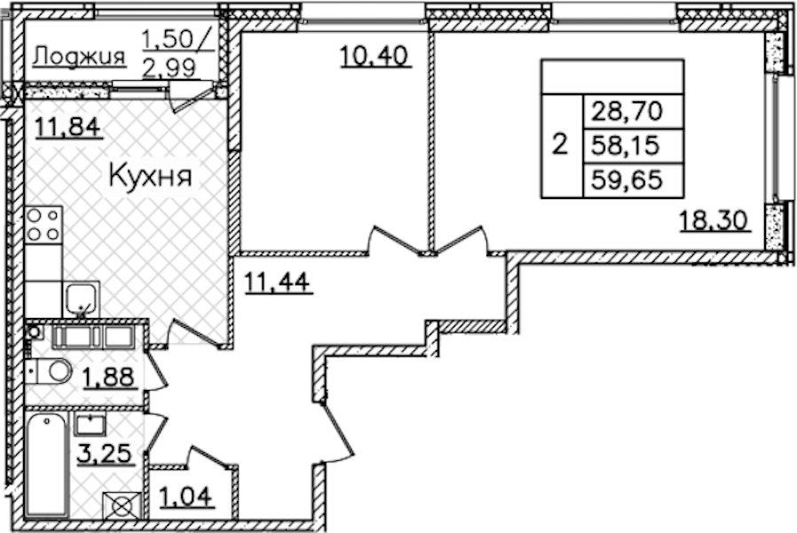 2-комнатная квартира 59.65 м², 20/22 эт., ЖК «БелАрт»