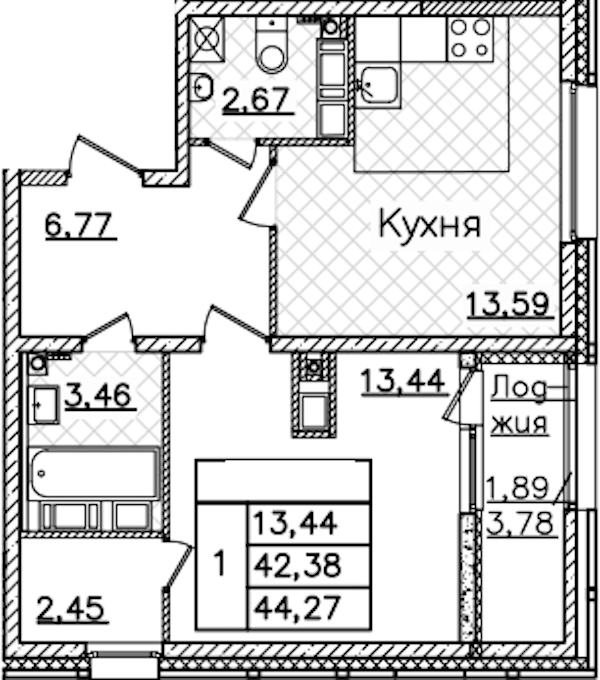 1-комнатная квартира 44.27 м², 20/22 эт., ЖК «БелАрт»